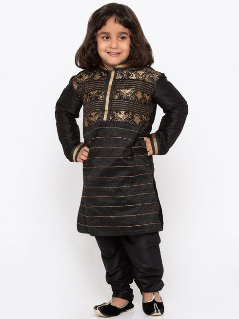 VASTRAMAY Boys' Black Cotton Silk Kurta and Pyjama Set